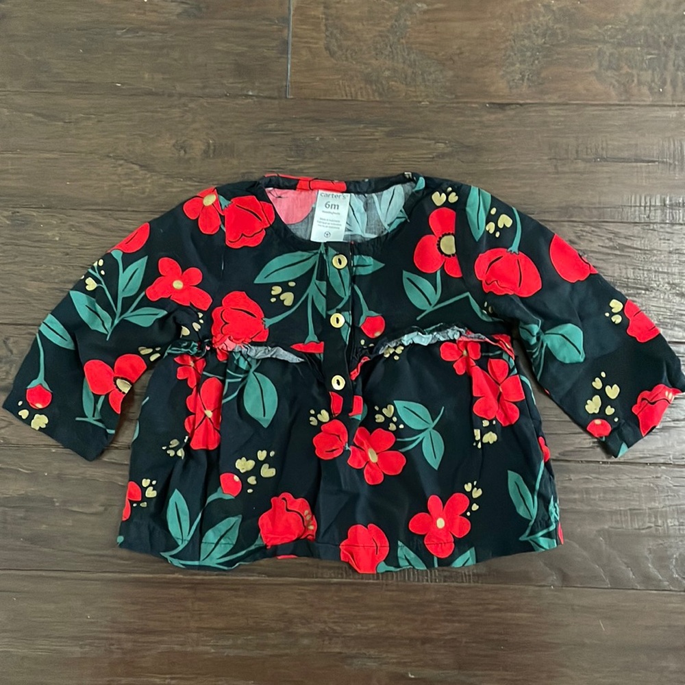Red Black Floral Baby Girl Blouse 6M